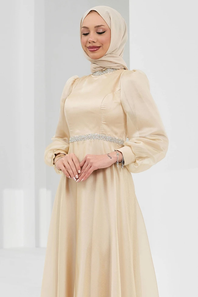 Bej Yaka Bel Taşlı Balon Kol Abiye