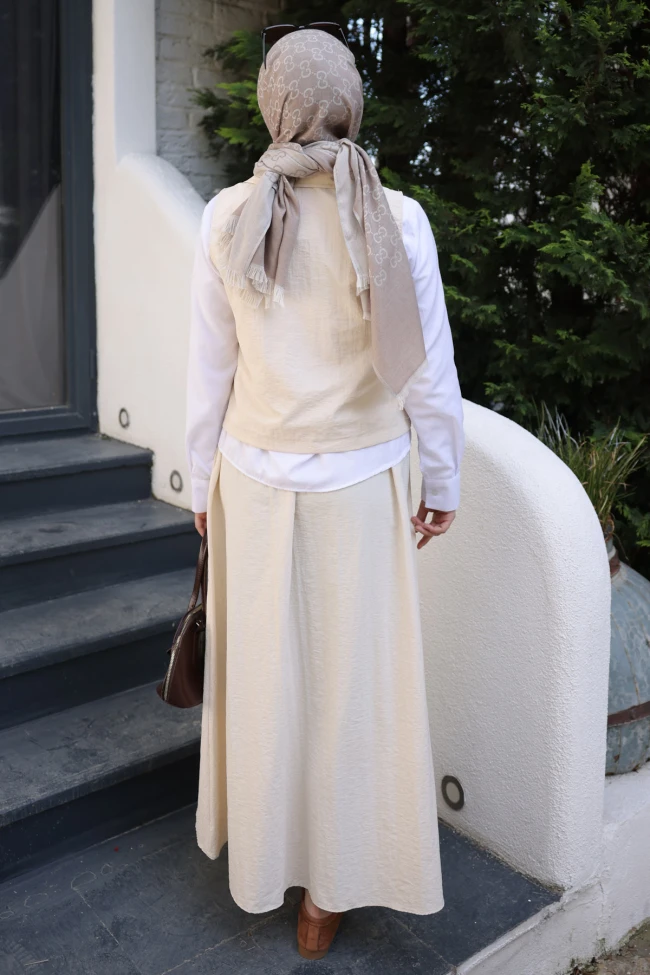 Bej Yelek Gömlek Etek Üçlü Takım