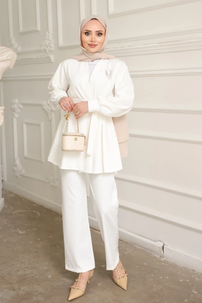 Beyaz Yaka Bronş Detaylı  Tunik Pantolonlu Takım