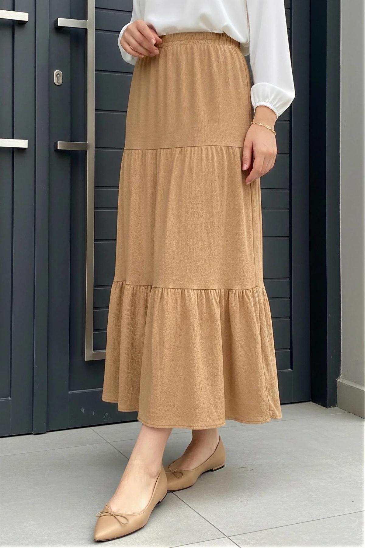 Bisküvi Eteği Katlı Bel Lastikli Bürümcük Etek