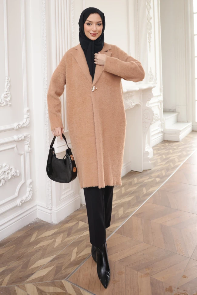 Bisküvi Tek Düğmeli Angora Yumoş Triko Hırka