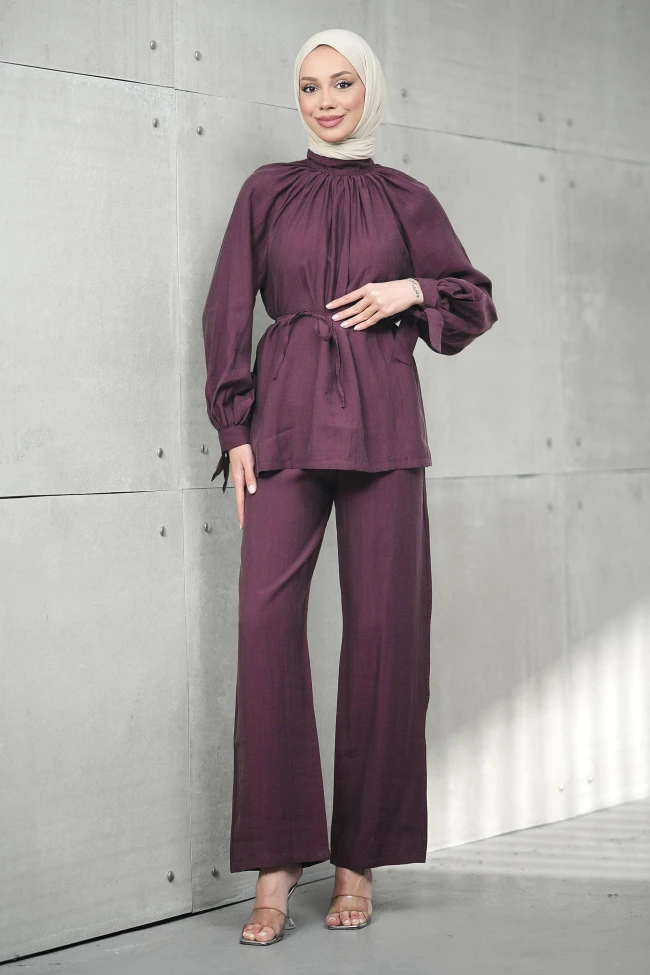 Bordo Bel Bağlamalı Tunik Pantolonlu Tensel Takım