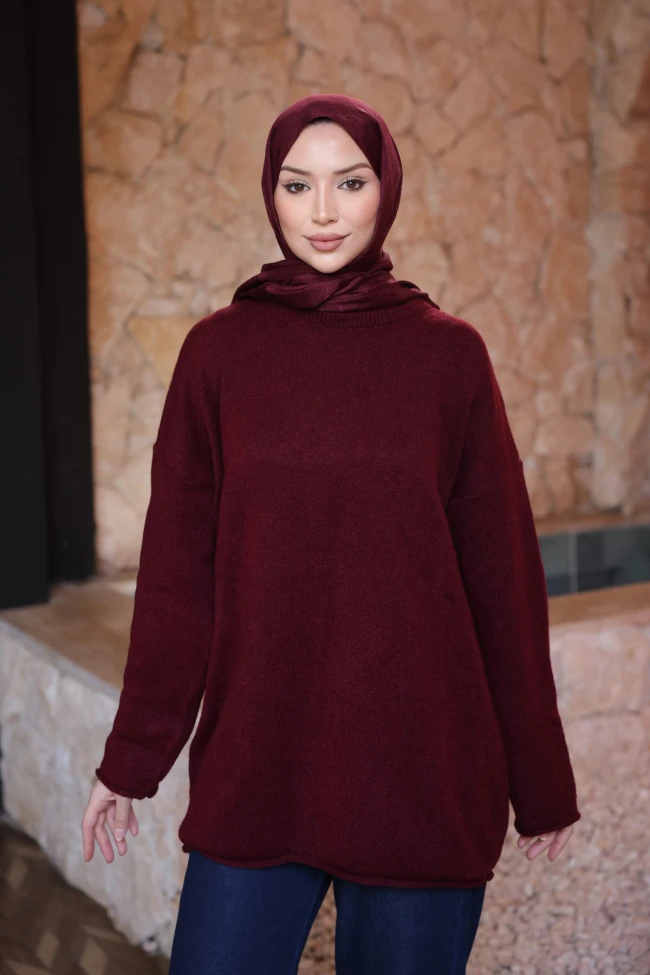 Bordo Bisiklet Yaka Oversize Triko Kazak