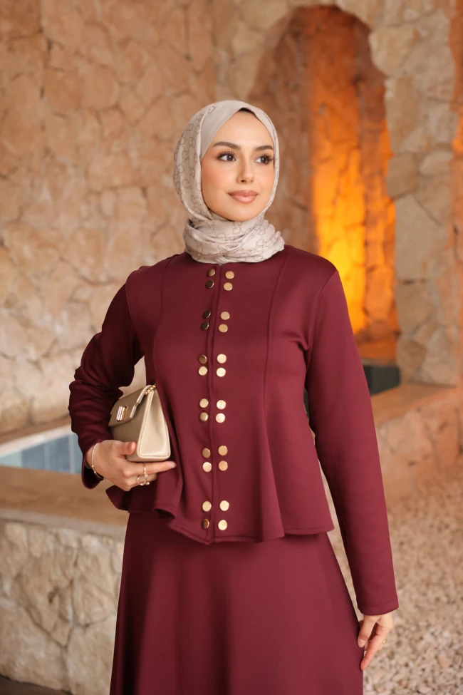 Bordo Eteği Volanlı Bluz Etekli Scuba Takım