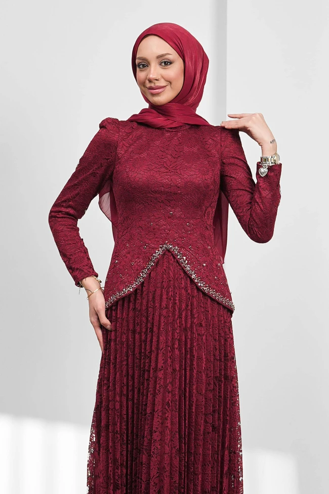 Bordo Güpürlü Eteği Piliseli Tasarım Abiye