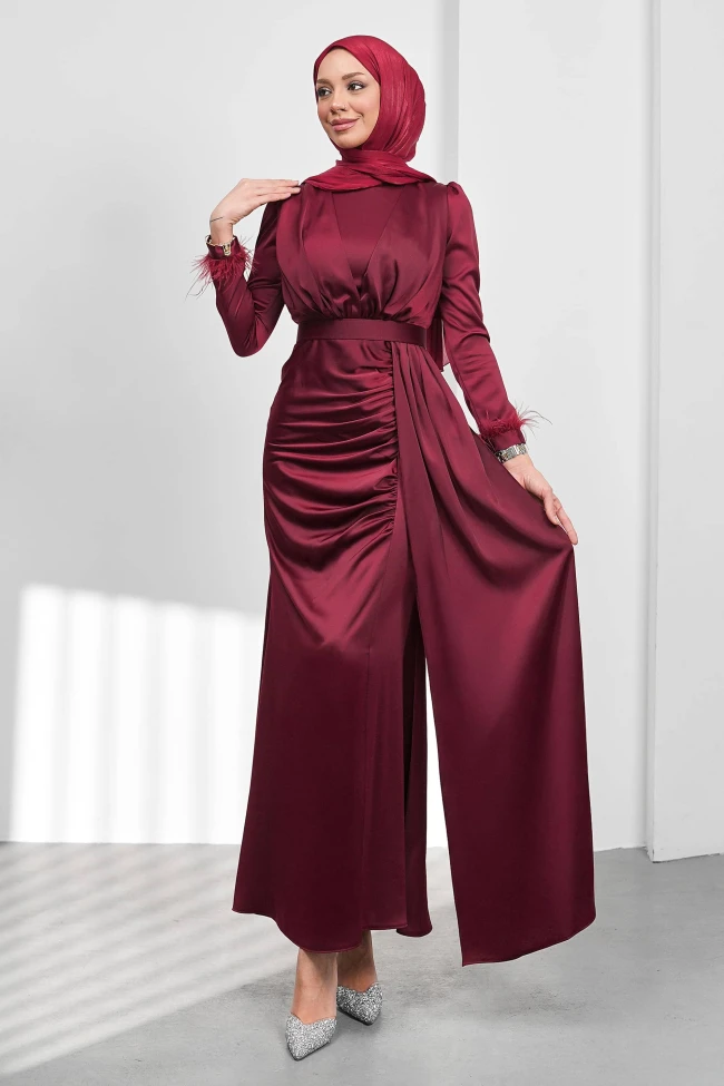 Bordo Kemerli Önü Drapeli Balık Model Saten Abiye