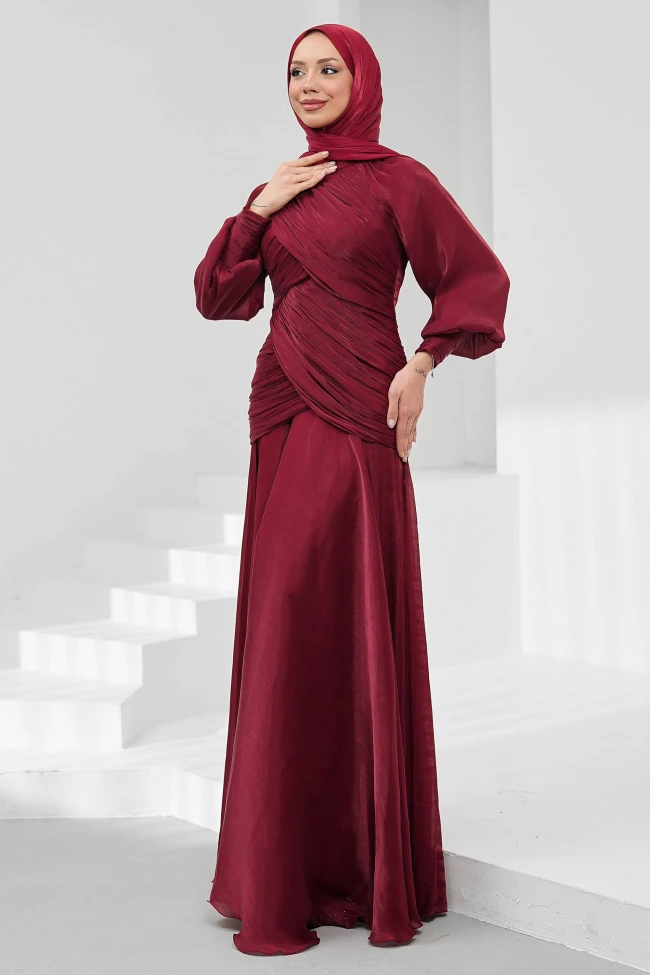 Bordo Önü Drapeli Balon Kol Işıltılı Abiye