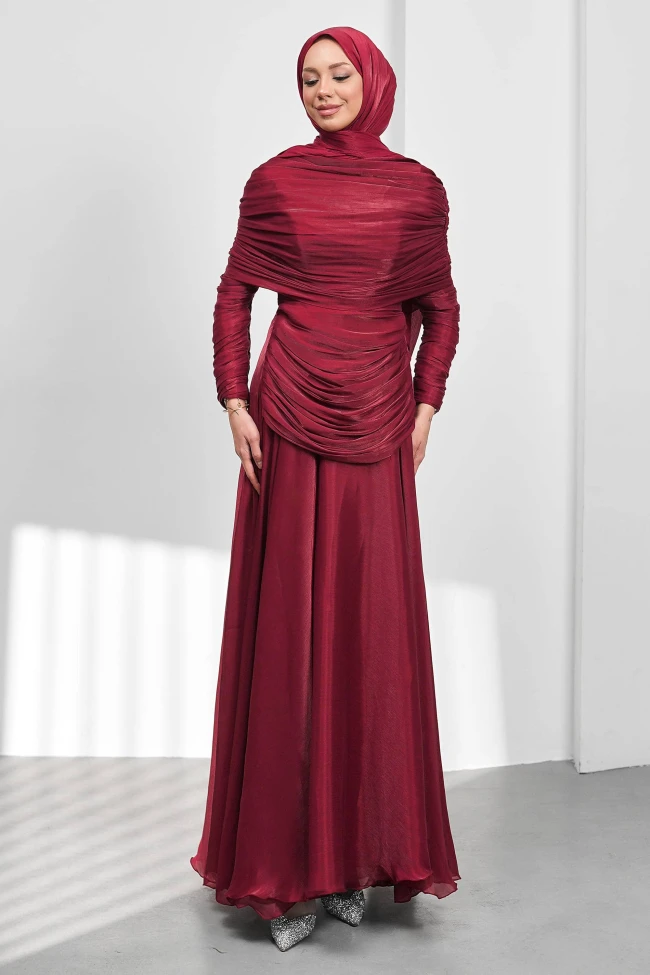 Bordo Seyyar Pelerinli Drapeli Abiye