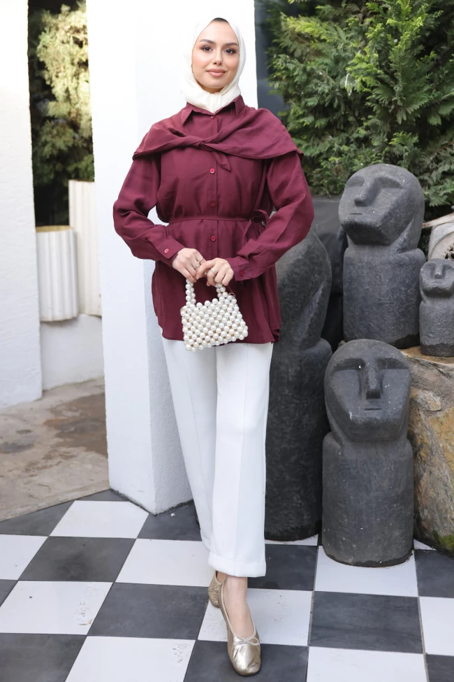Bordo Soft Dokulu Oversize Modal Gömlek
