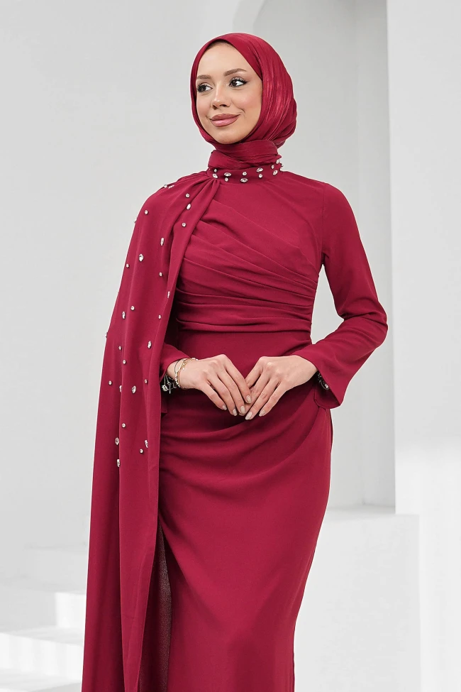Bordo Taş İşlemeli Pelerinli Abiye