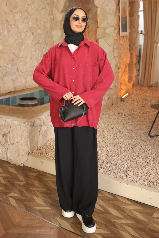 Bordo Tek Cepli Taşlı Salaş Gömlek
