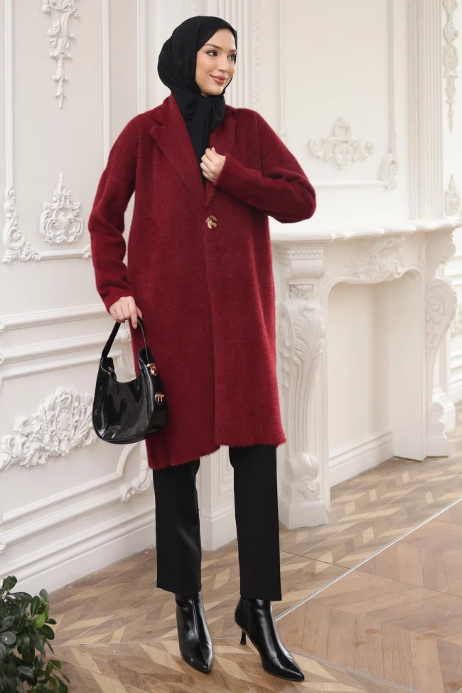 Bordo Tek Düğmeli Angora Yumoş Triko Hırka