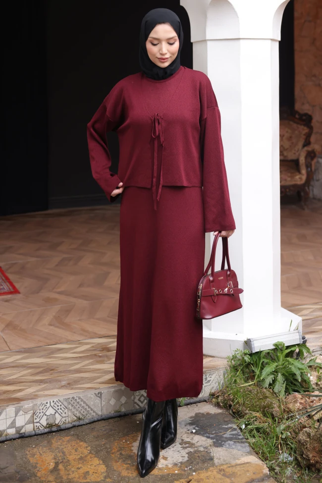Bordo Triko Hırka Elbise İkili Kombin Takım