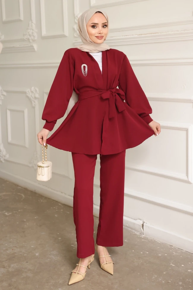 Bordo Yaka Bronş Detaylı  Tunik Pantolonlu Takım