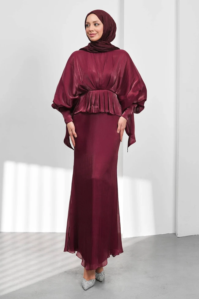 Bordo Yarasa Kol  Katlı Janjan Abiye