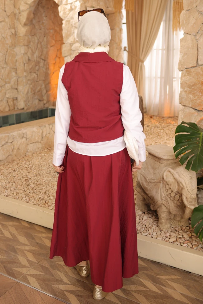 Bordo Yelek Gömlek Etek Üçlü Takım