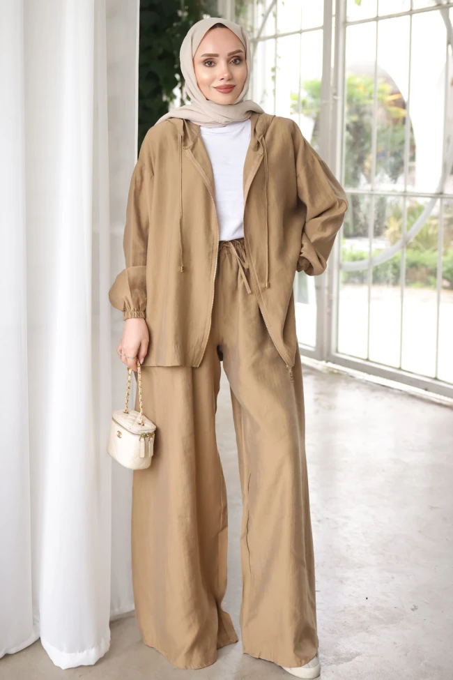 Camel Kapüşonlu Bol Paça Ceket Pantolonlu Takım