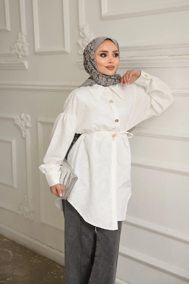 Ekru Kendinden Desenli İp Detaylı Gömlek