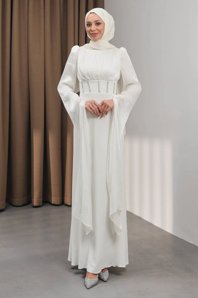 Ekru Kol Detaylı Balık Model Taşlı Abiye