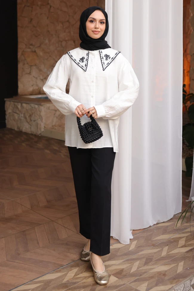 Ekru NFC-5345 Yaka Nakışlı Düğmeli Gömlek