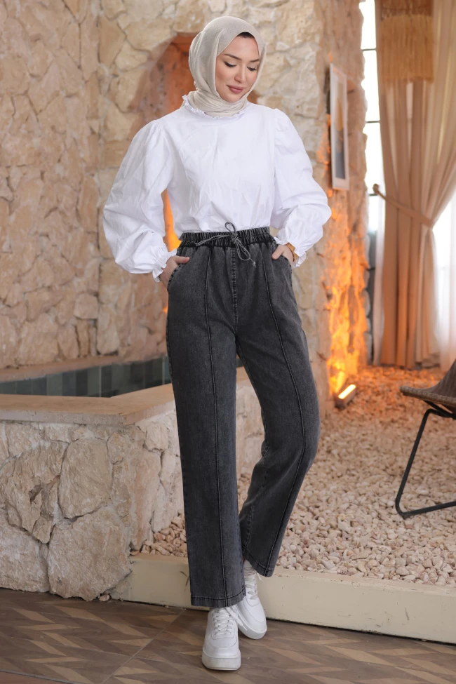 Füme Bel Lastikli Çimalı Kot Pantolon