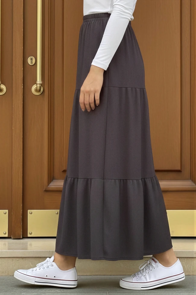 Füme Eteği Katlı Bel Lastikli Bürümcük Etek