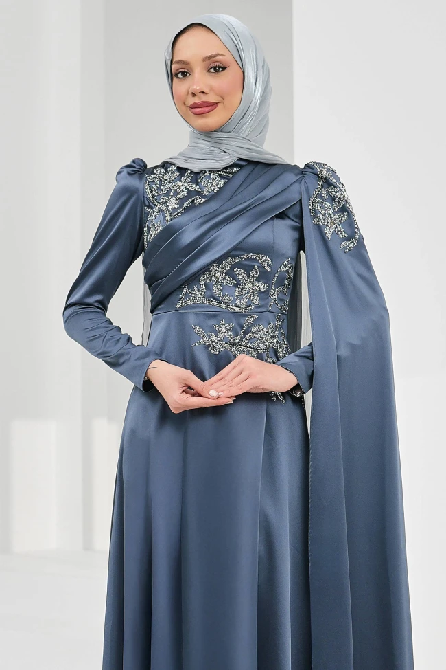 Füme Omuz Pelerrinli Taşlı Saten Abiye