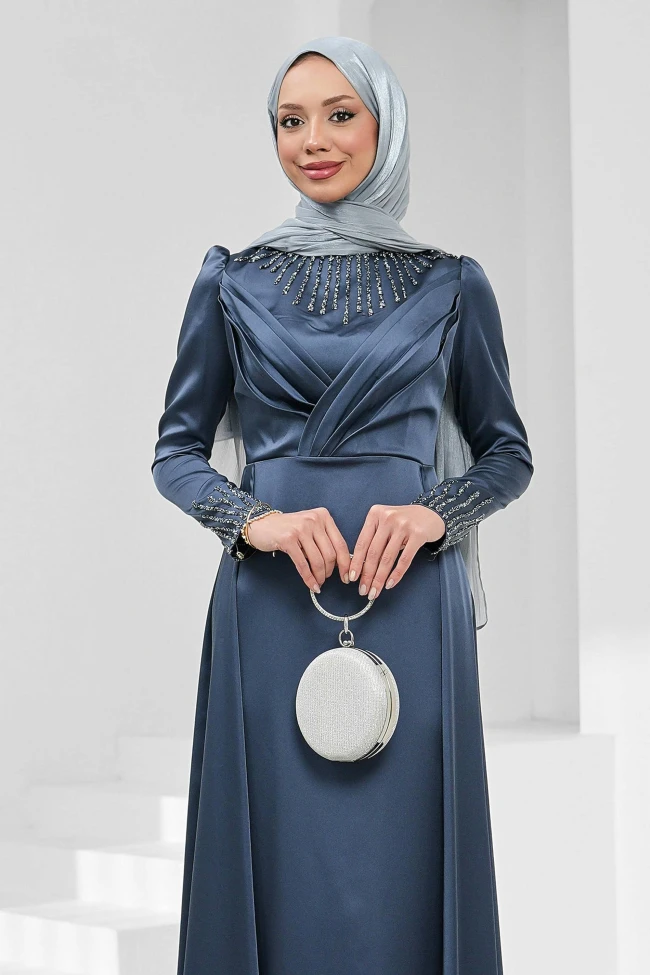 Füme Önü Taşlı Saten Abiye