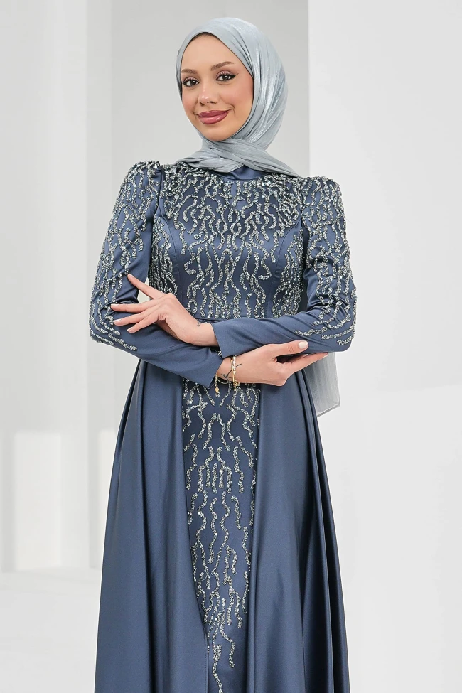 Füme Önü Taşlı Saten Abiye