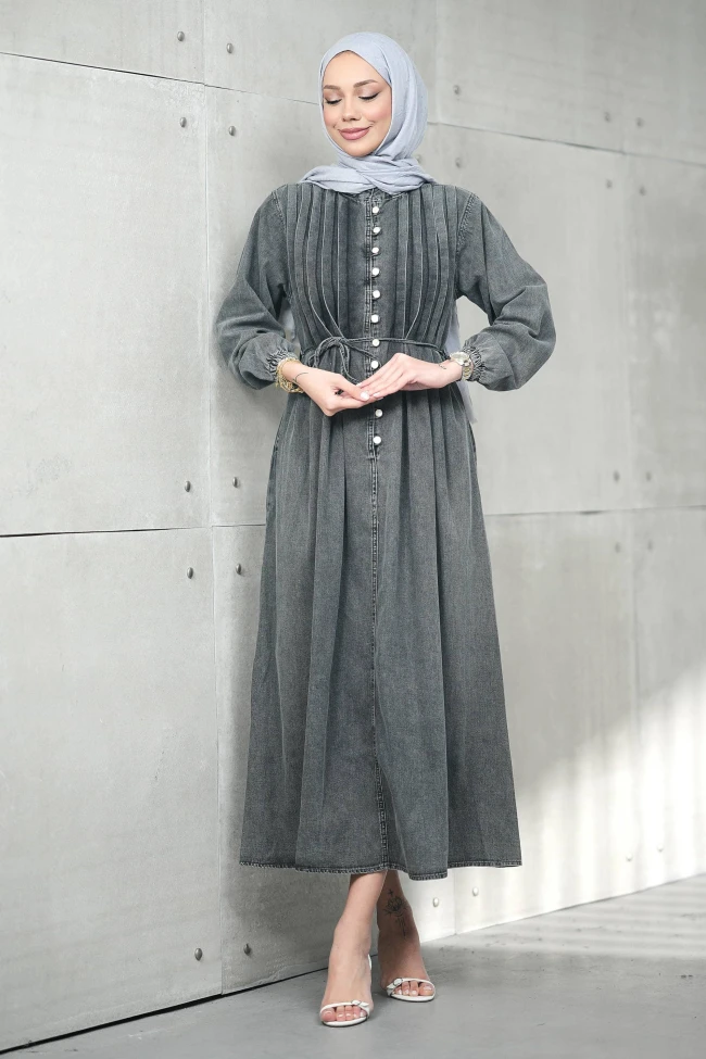 Füme Yarım Düğmeli Pileli Kot Elbise