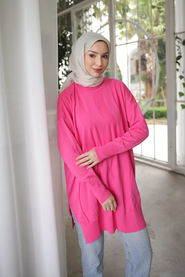 Fuşya Bisiklet Yaka Soğuk İplik Triko Tunik
