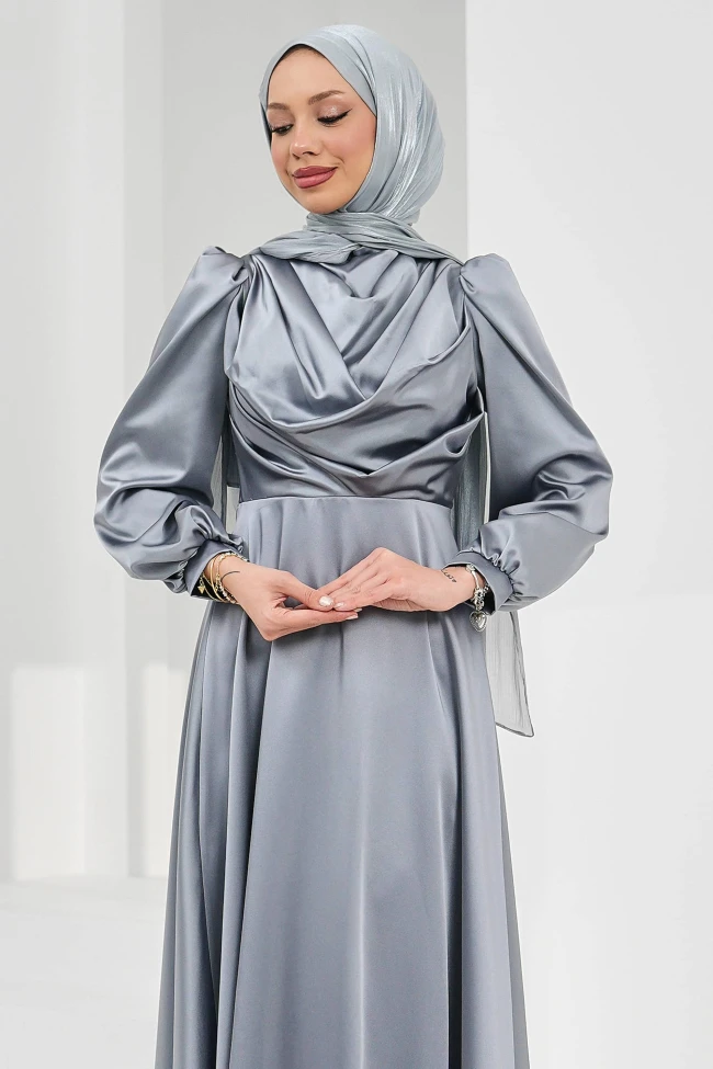 Gri Önü Taşlı Saten Abiye