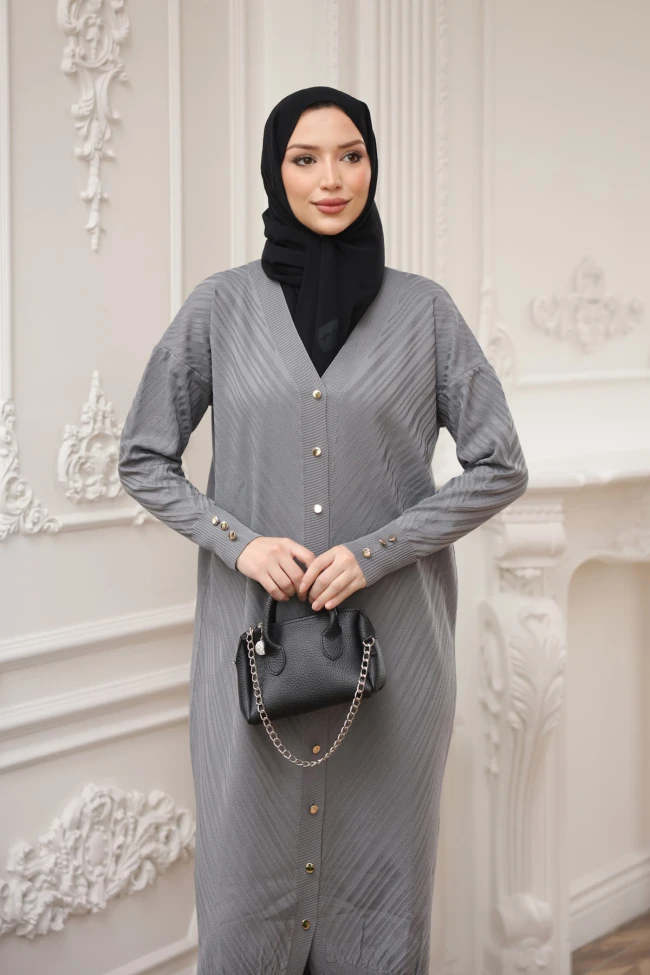 Gri Soğuk İplik Düğmeli Triko Hırka