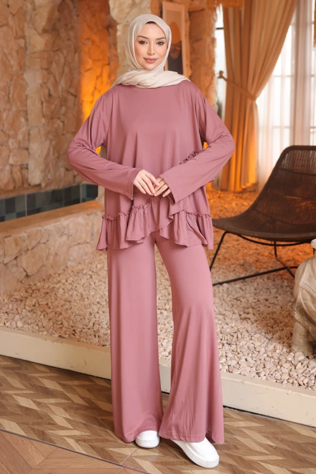 Gül Kurusu Eteği Fırfırlı Tunik Pantolonlu Modal Takım