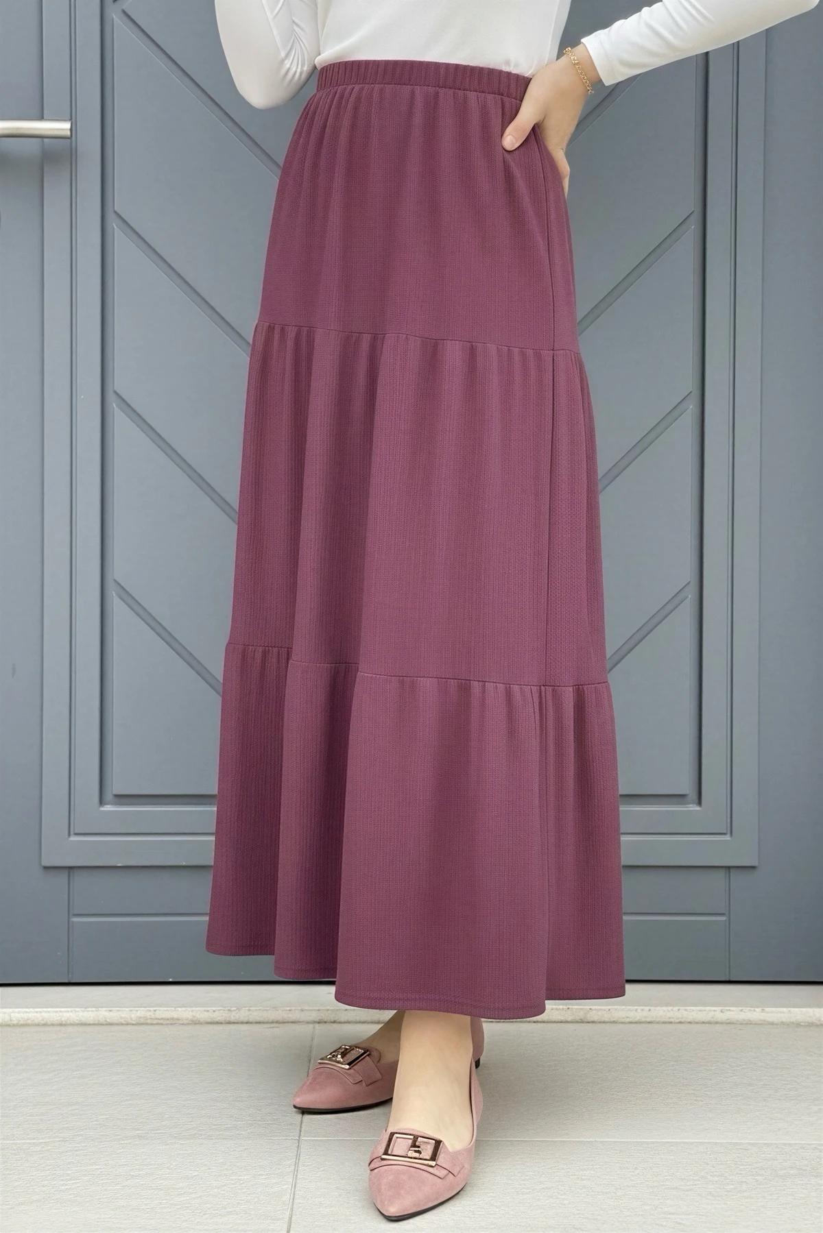 Gül Kurusu Eteği Katlı Bel Lastikli Bürümcük Etek