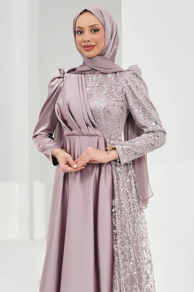 Gül Kurusu Önü Drapeli Pul Payetli Saten Abiye