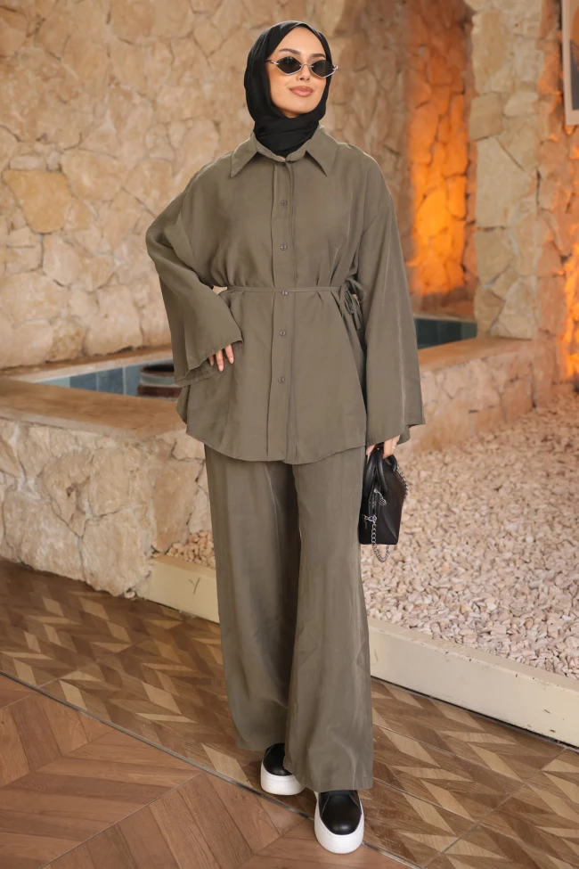 Haki Bel Bağlamalı Tunik Pantolonlu Modal Takım