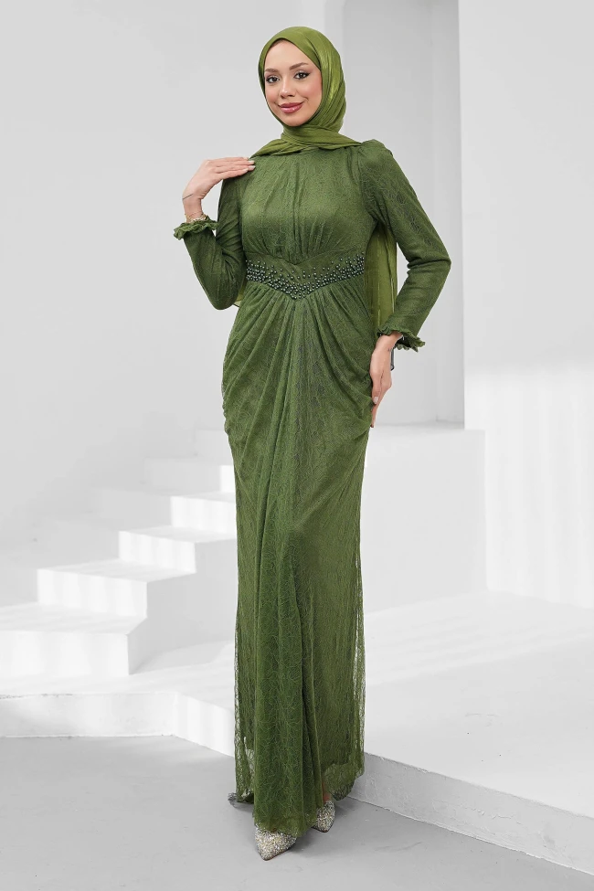 Haki Bel Detaylı Balık Model Güpürlü Abiye