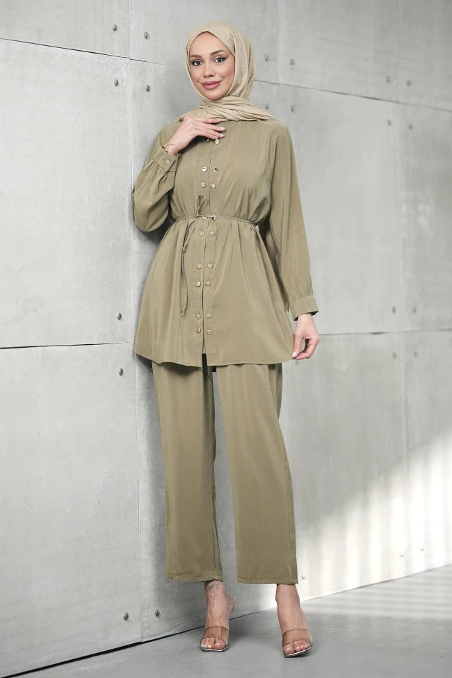 Haki Düğme Detaylı Tunik Pantolonlu Takım