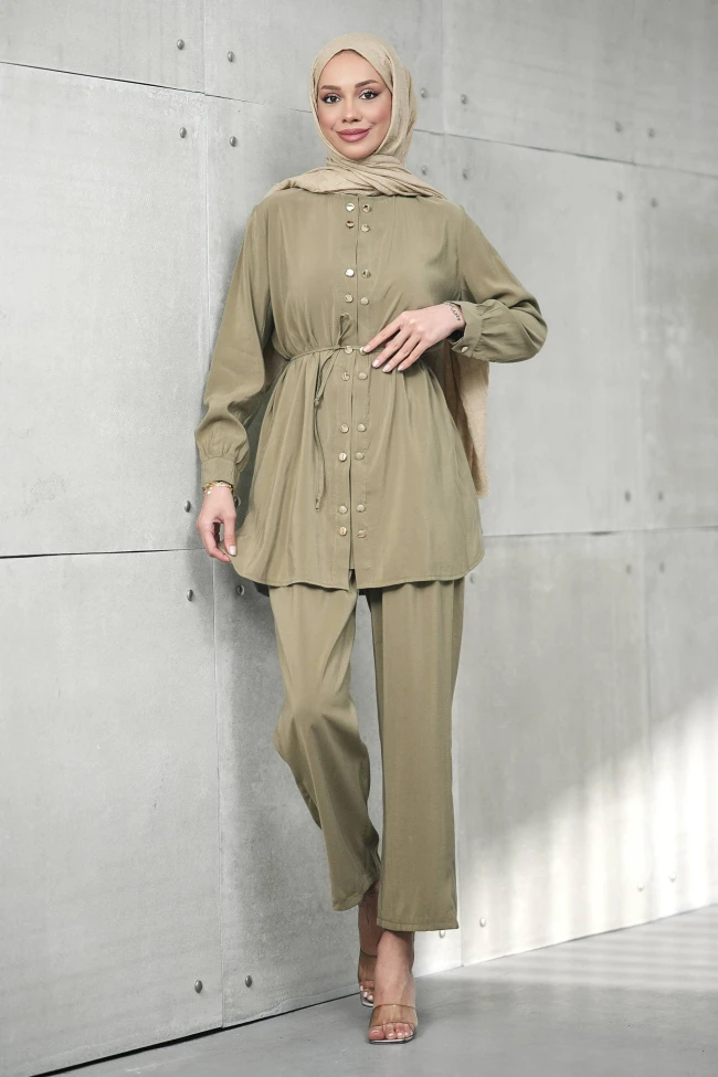 Haki Düğme Detaylı Tunik Pantolonlu Takım
