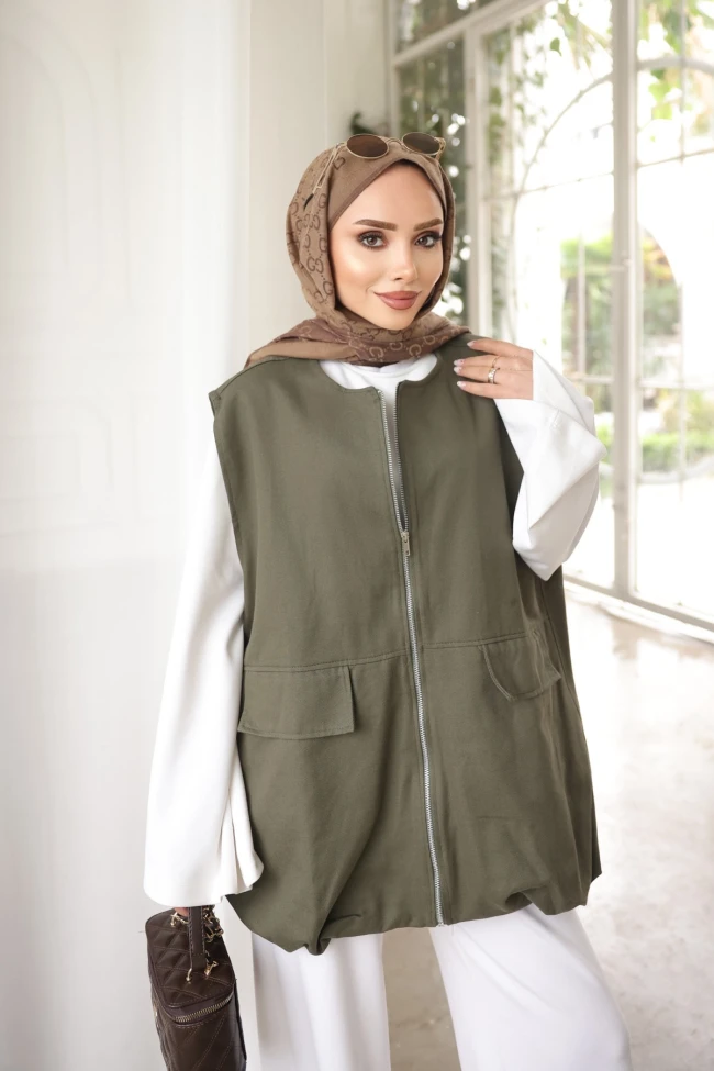 Haki Fermuarlı Oversize Gabardin Yelek
