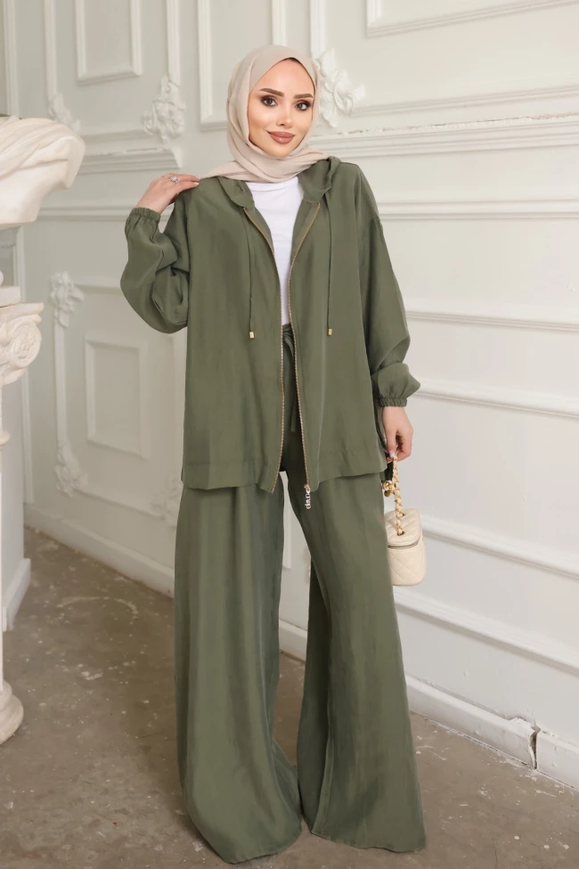 Haki Kapüşonlu Bol Paça Ceket Pantolonlu Takım