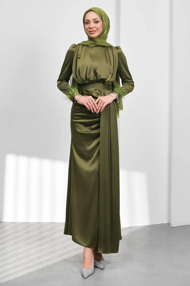 Haki Kemerli Önü Drapeli Balık Model Saten Abiye