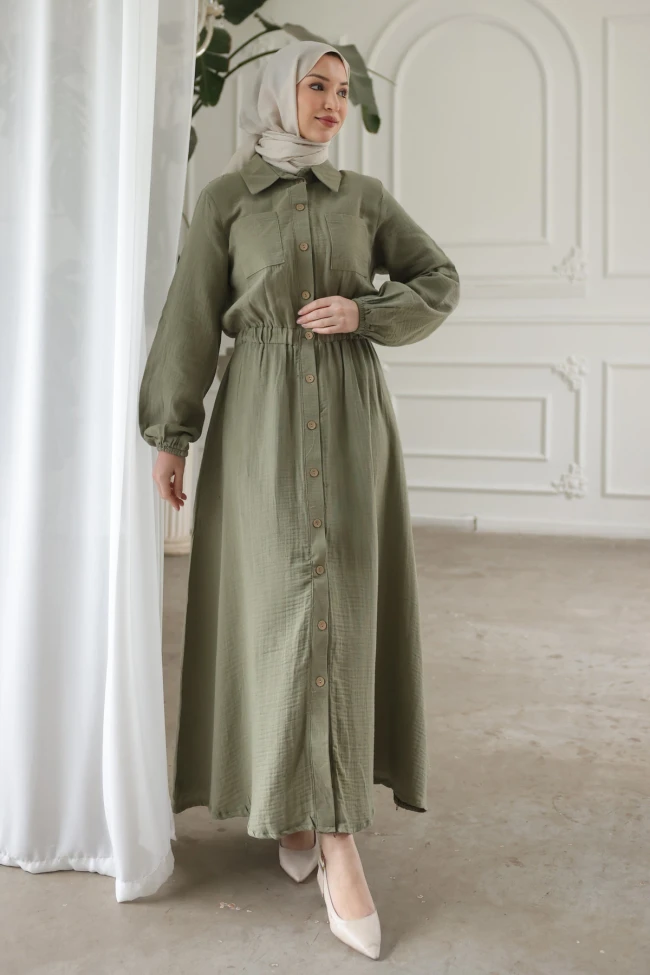 Haki Kol Ve Bel Lastikli Düğmeli Çift Cepli Elbise