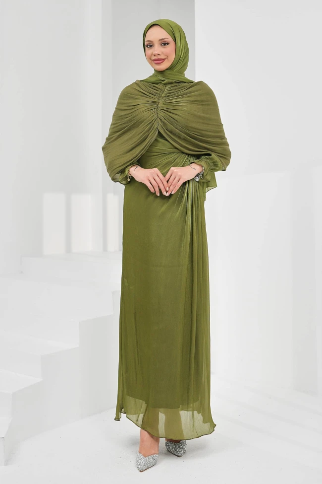 Haki Önü Drapeli Seyyar Pelerinli Abiye