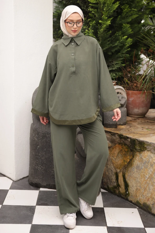 Haki Yaka Düğmeli Tunik Pantolonlu Takım