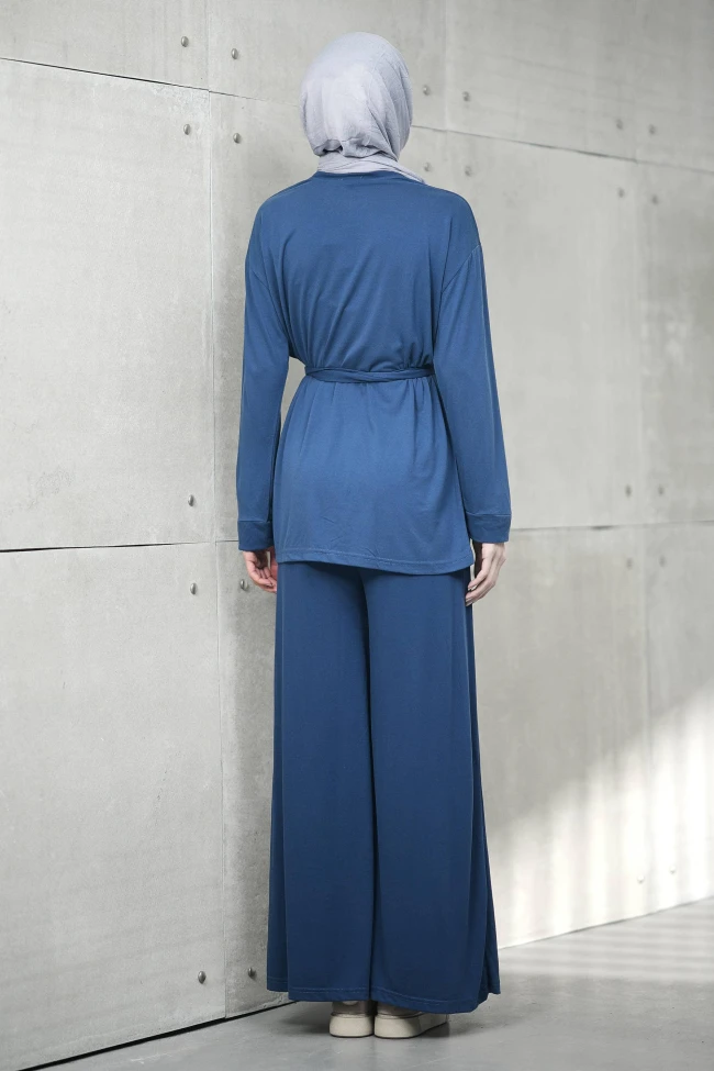 İndigo Bel Bağlamalı Tunik Pantolonlu Modal Takım
