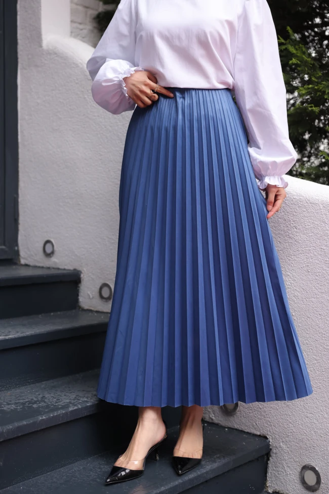 İndigo Bel Lastikli Piliseli Etek