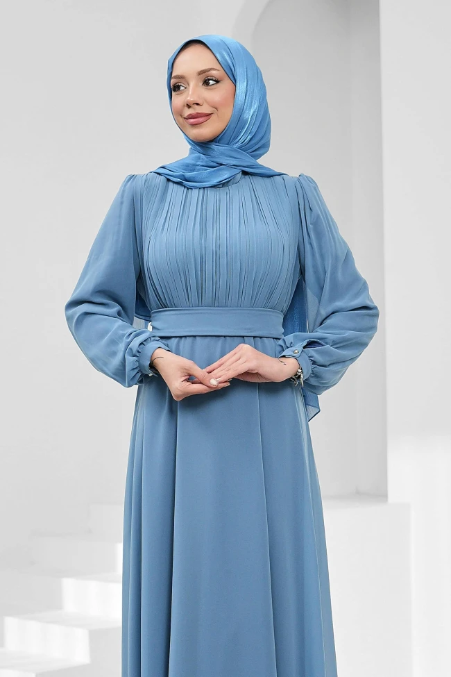 İndigo Büyük Beden Ön Piliseli Abiye