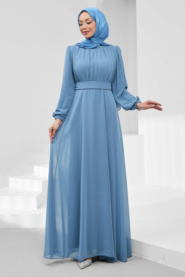 İndigo Büyük Beden Ön Piliseli Abiye